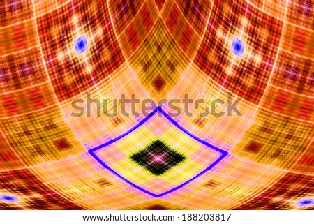 Abstract fractal cross with a detailed square grid pattern in pink, yellow and orange colors and in high resolution