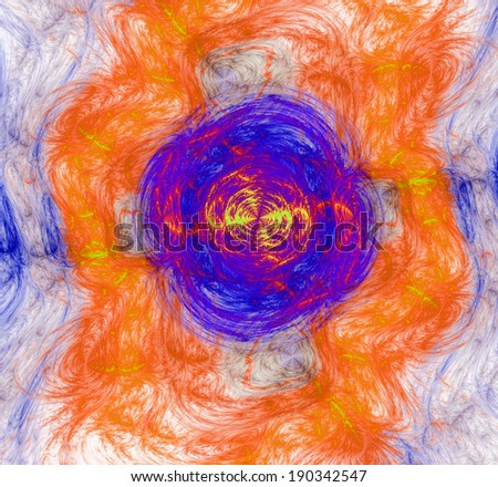 Abstract star-like fractal flower background with a detailed distorted decorative pattern in orange, purple and pink colors in high resolution and against light background