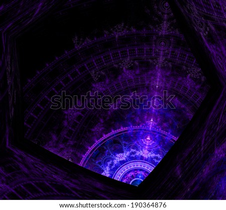 Purple abstract fractal background with a star-like center and a tower like decorative pattern, all enclosed in a hexagonal geometric pattern and against black color