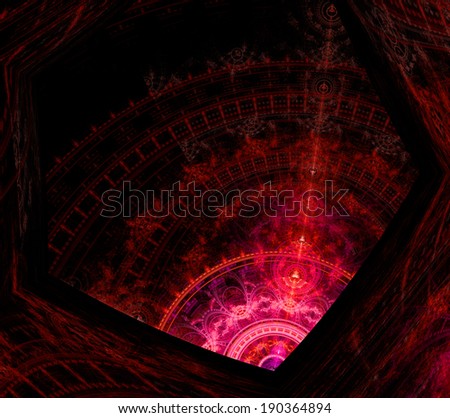 Dark pink abstract fractal background with a star-like center and a tower like decorative pattern, all enclosed in a hexagonal geometric pattern and against black color