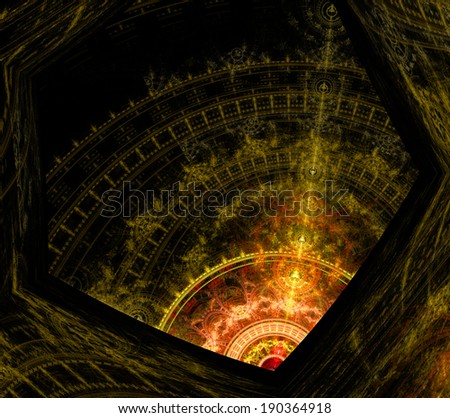 Yellow and orange abstract fractal background with a star-like center and a tower like decorative pattern, all enclosed in a hexagonal geometric pattern and against black color