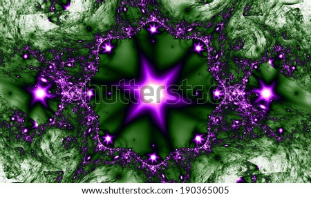 Abstract pink and green fractal star background with a central large star surrounded by many smaller ones and a decorative pattern surrounding them