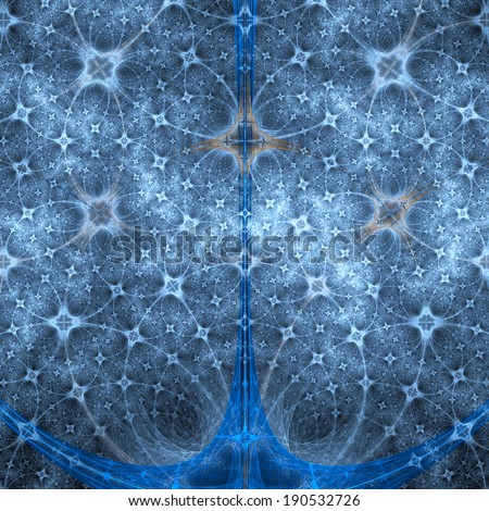 Blue abstract fractal star-like or flower-like background with a detailed interconnected pattern and central triangular flower-like tower