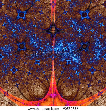 Dark blue, orange and pink abstract fractal star-like or flower-like background with a detailed interconnected pattern and central triangular flower-like tower