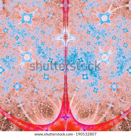 Red and blue abstract fractal star-like or flower-like background with a detailed interconnected pattern and central triangular flower-like tower