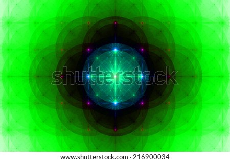 Detailed wallpaper with many circles, squares and decorative flowers in rows and columns in green and a big shining exotic flower/star in the center in cyan, pink and blue surrounded by black ring