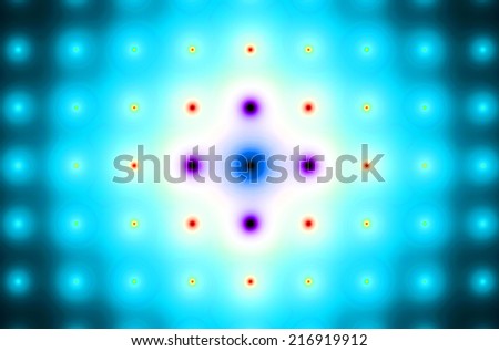 Detailed blue abstract background in high resolution with a very detailed ornamental pattern of blurred dots and circles in rows and columns in pink, red and yellow colors and a bright white center