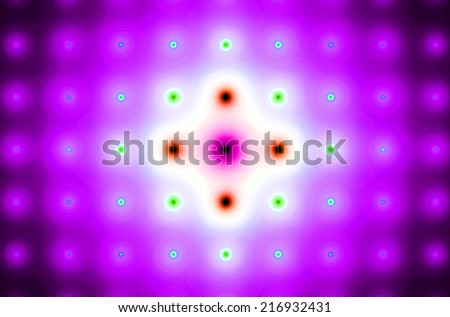 Detailed pink abstract background in high resolution with a very detailed ornamental pattern of blurred dots and circles in rows and columns in orange, green and blue colors and a bright white center