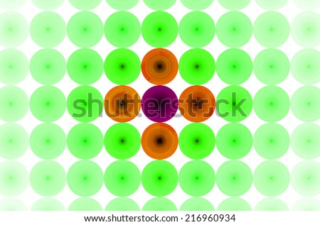 Green background in high resolution with an ornamental pattern of discs in rows and columns and with spirals inside them. Spirals in the pastel colored discs in the center are in orange and pink