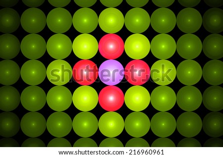 Green background in high resolution with an ornamental pattern of glowing discs in rows and columns and with spirals inside them and center discs being in pink and red colors