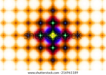 Orange background in high resolution with an ornamental pattern of interconnected stars in rows and columns and the stars in the middle being in dark saturated yellow, pink, purple and green