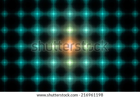 Glowing cyan background in high resolution with an ornamental pattern of interconnected stars in rows and columns and the shining stars in the middle being in yellow and orange colors