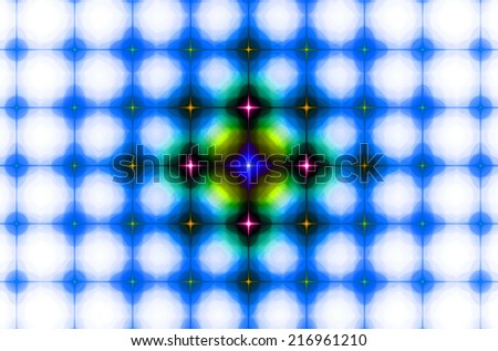 Blue background in high resolution with an ornamental pattern of interconnected stars in rows and columns and the stars in the middle being in dark saturated purple, yellow, green and pink colors
