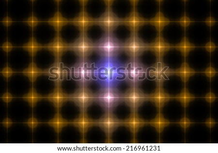 Glowing orange background in high resolution with an ornamental pattern of interconnected stars in rows and columns and the shining stars in the middle being in pink and purple colors