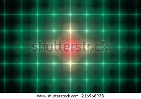 Shining green background in high resolution with ornamental pattern of interconnected squares in rows and columns and the glowing stars in the middle in pink and yellow colors and against black color