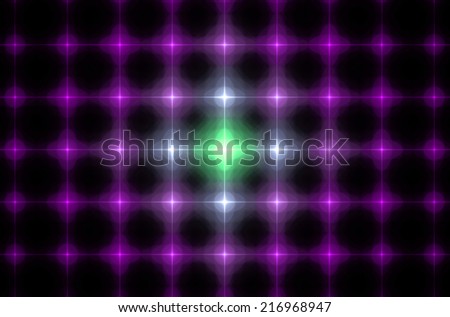 Glowing pink background in high resolution with an ornamental pattern of interconnected stars in rows and columns and the shining stars in the middle being in green color