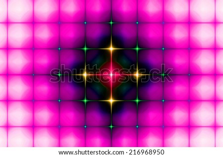 Pink background in high resolution with an ornamental pattern of interconnected squares in rows and columns and the connected dark stars in the middle in pink,yellow and green colors and against white