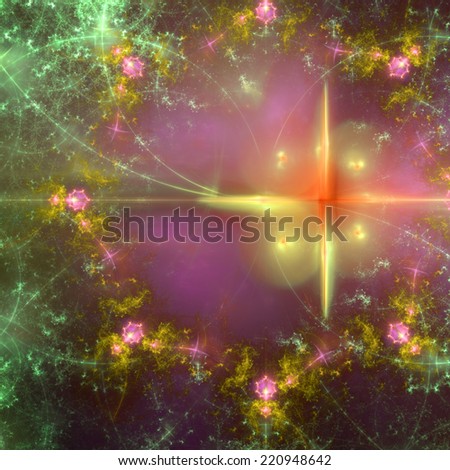 Pink, yellow, orange and green abstract fractal star field background with a twisted large star on the right and decorative fractal star pattern surrounding it