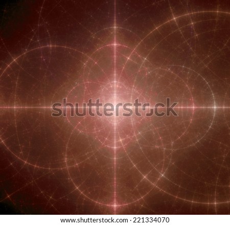 Abstract red background with a shining center and a detailed decorative pattern of interconnected glowing rings and circles in high resolution