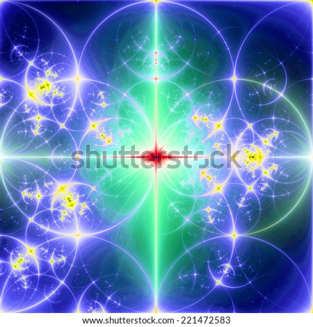 Abstract purple, yellow, green and red background with a bright shining star in the center and a detailed decorative pattern of interconnected glowing rings and circles in high resolution