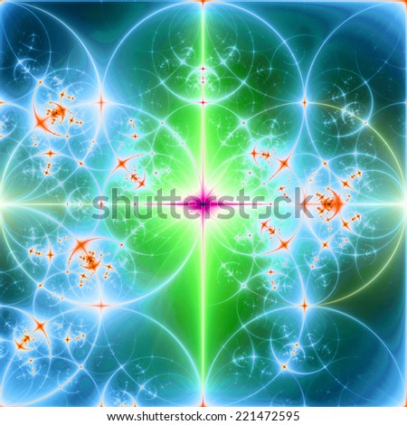 Abstract blue, orange, green and pink background with a bright shining star in the center and a detailed decorative pattern of interconnected glowing rings and circles in high resolution