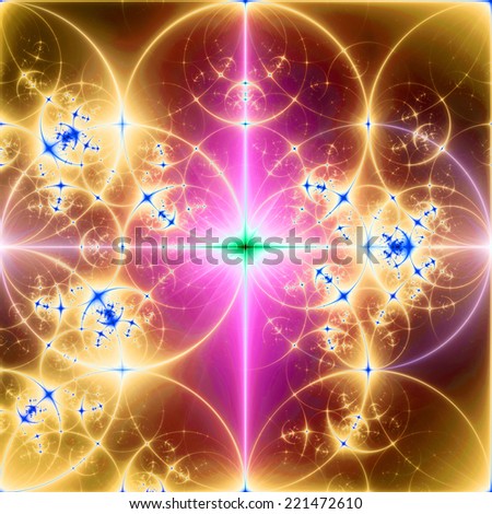 Abstract pink, blue, green and yellow background with a bright shining star in the center and a detailed decorative pattern of interconnected glowing rings and circles in high resolution
