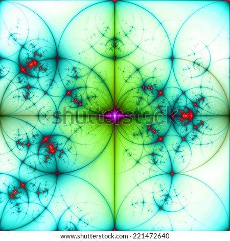 Abstract vivid cyan, green, pink and red background with a shining star in the center and a detailed decorative pattern of interconnected dark rings and circles in high resolution