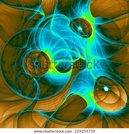 Abstract fractal background of vivid cyan,green and yellow circles (rings) against orange background and in high resolution