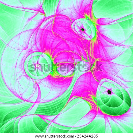 Abstract fractal background of bright vivid pink and yellow-green circles (rings) against light green background and in high resolution