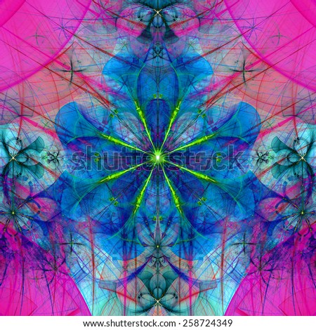 Beautiful abstract space flower with decorative flowers and arches surrounding it, all in vivid dark pink,blue,green colors