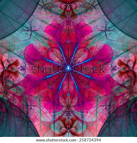 Beautiful abstract space flower with decorative flowers and arches surrounding it, all in vivid dark blue,pink,teal colors