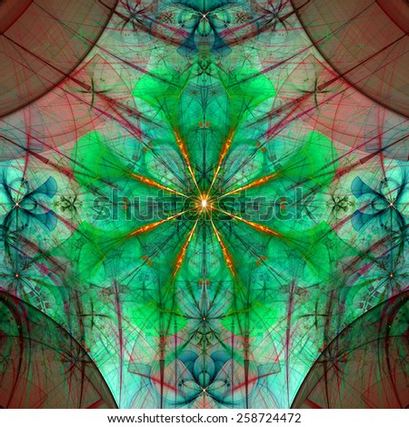 Beautiful abstract space flower with decorative flowers and arches surrounding it, all in vivid dark red,green,yellow,blue colors