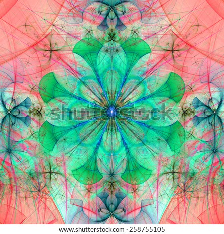 Beautiful abstract space flower with decorative flowers and arches surrounding it, all in pastel green,blue,red colors