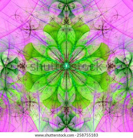 Beautiful abstract space flower with decorative flowers and arches surrounding it, all in pastel pink and green colors