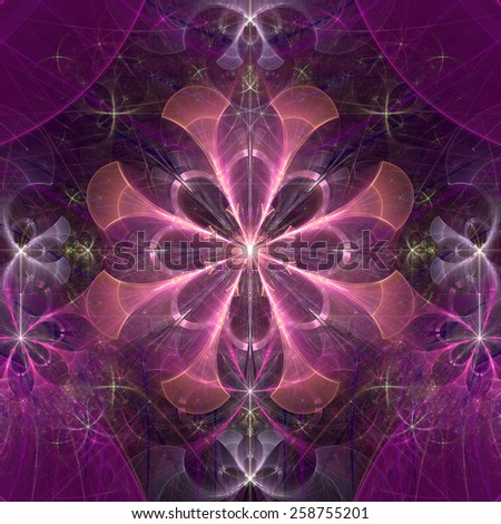 Beautiful shining abstract space flower with decorative flowers and arches surrounding it, all in pink and high resolution