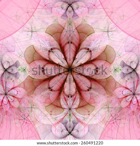 Beautiful abstract space flower with decorative flowers and arches surrounding it, all in dark pastel pink,purple,green colors