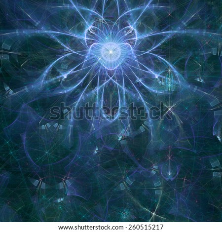 Abstract shining high resolution fractal background with an esoteric looking star/flower in the middle, all in blue and green