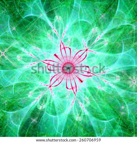 Abstract bright high resolution fractal background with a detailed abstract flower with six petals in the middle, all in green,cyan,pink