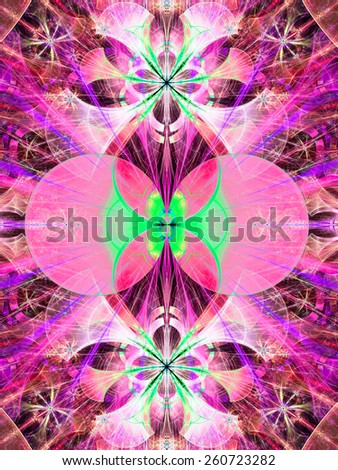Original abstract background with a detailed bright pattern of interconnected flowers on the top and bottom and interconnected discs in the center, all in green,pink,purple