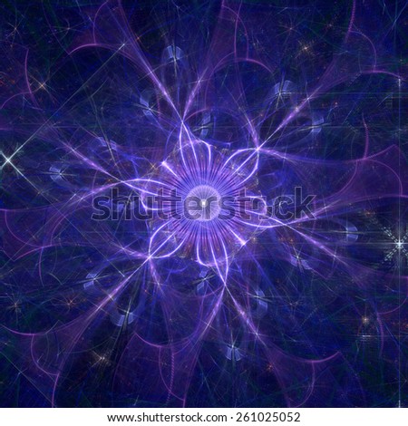 Abstract shining high resolution fractal background with a detailed abstract flower with six petals in the middle, all in pink and purple