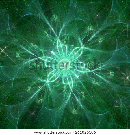 Abstract shining high resolution fractal background with a detailed abstract flower with six petals in the middle, all in green and cyan
