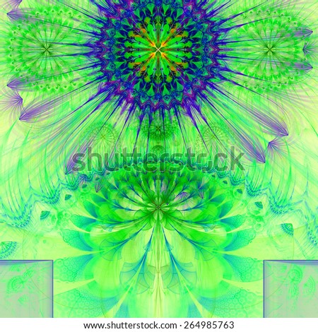 Abstract modern vivid spring fractal flower and star background flowers/stars on top and a larger flower on the bottom with decorative arches. All in high resolution and in green,yellow,purple,blue