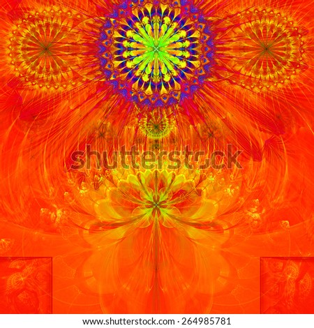 Abstract modern vivid spring fractal flower and star background flowers/stars on top and a flower on the bottom with decorative arches. All in high resolution and in red,yellow,green,purple colors