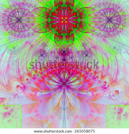 Abstract modern vivid spring fractal flower and star background flowers/stars on top and a flower on the bottom with decorative arches. All in high resolution and in pink,red,green,yellow