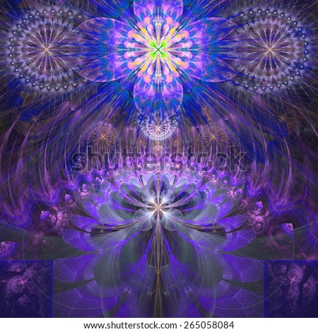 Abstract modern bright shining spring fractal flower and star background flowers/stars on top and a larger flower on the bottom with decorative arches. All in high resolution and in pink,purple,yellow
