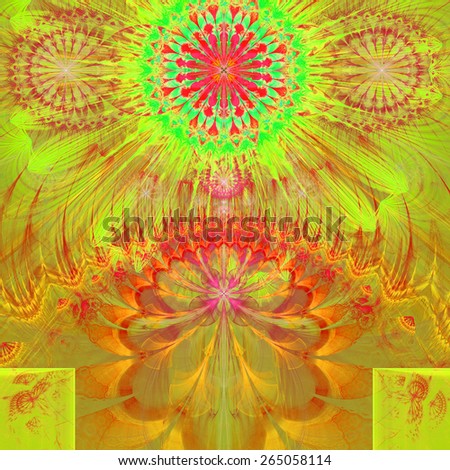 Abstract modern vivid spring fractal flower and star background flowers/stars on top and a flower on the bottom with decorative arches. All in high resolution and in yellow,green,red