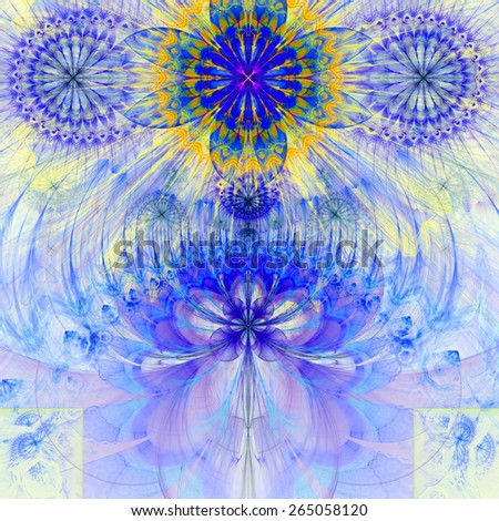Abstract modern vivid pastel fractal flower and star background flowers/stars on top and a larger flower on the bottom with decorative arches. All in high resolution and in blue,purple,yellow