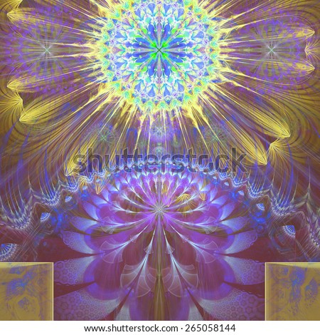 Abstract modern vivid shining spring fractal flower and star background flowers/stars on top and a larger flower on the bottom with decorative arches.In high resolution and in yellow,purple,blue,green