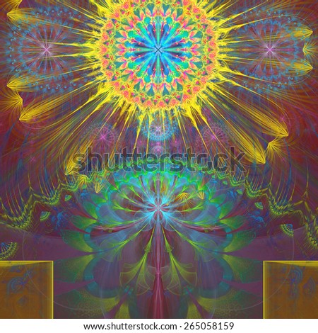 Abstract modern vivid shining spring fractal flower and star background flowers/stars on top and a larger flower on the bottom with decorative arches. In high resolution and in yellow,pink,green,teal