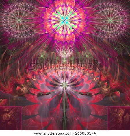 Abstract modern bright shining spring fractal flower and star background flowers/stars on top and a larger flower on the bottom with decorative arches.All in high resolution and in red,pink,green,blue